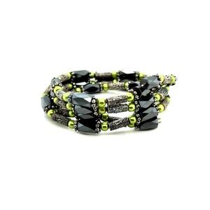 Magnetic Hematite and Lime Green Pearl Wrap Bracelet Multi Strand Necklace